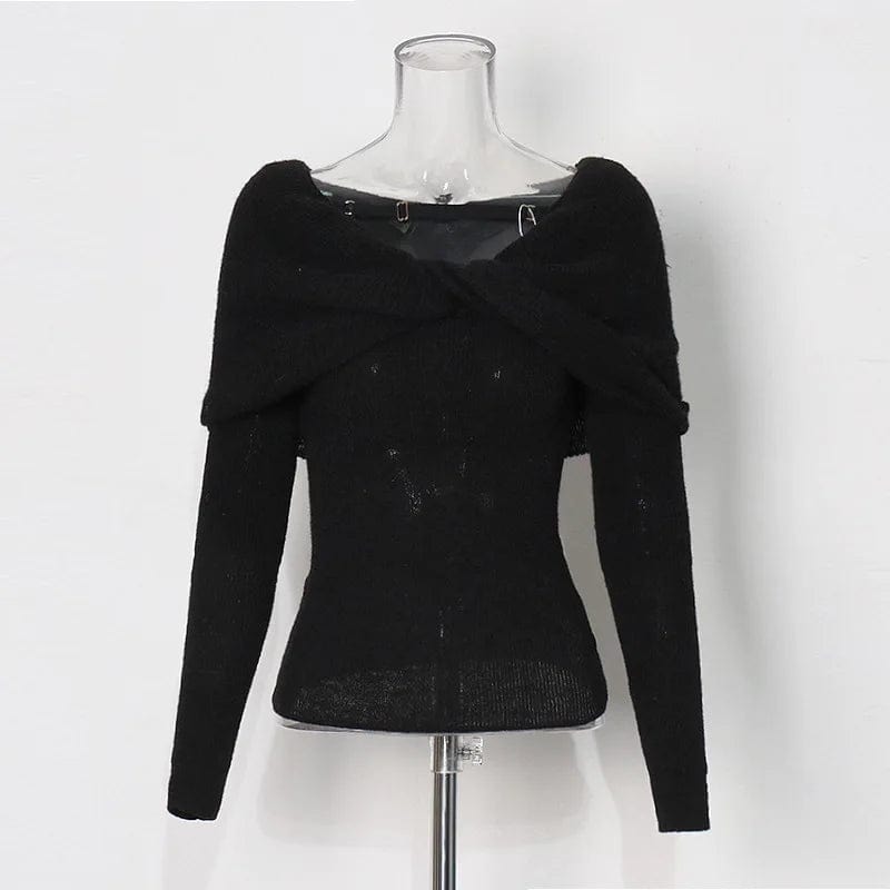 L / Black OUDINA 2024 New Elegant Knitted Top Twist Slimming Solid Color Long-sleeved One Shoulder Tops For Women