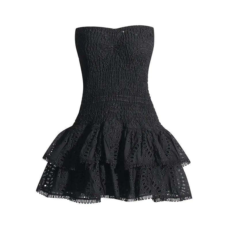 L / Black OUDINA 2024 New Summer Sweet Tube Dress Slimming Embroidered Hollow Ruffle Short Dress For Women