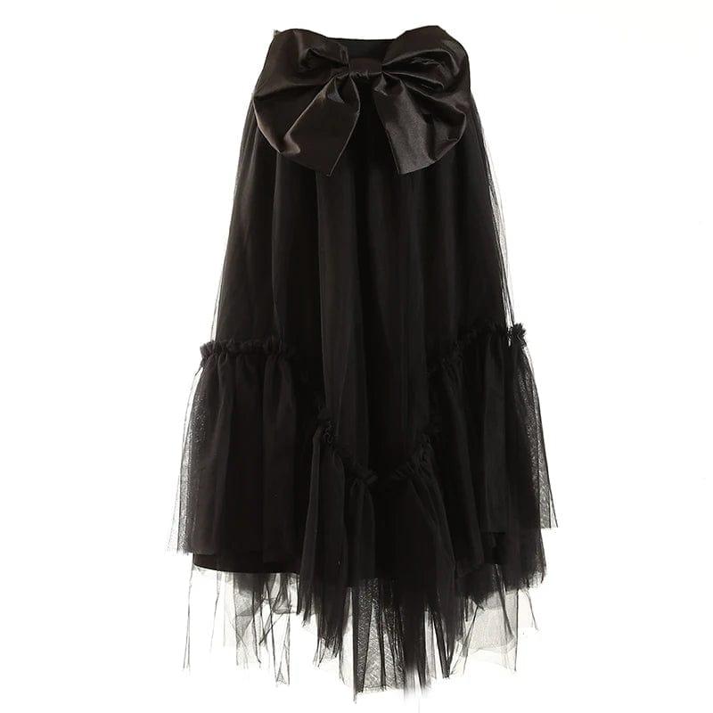 L / Black OUDINA New Fashion High Waist Casual Mesh Bow Ladies A-line Skirt Women's Long Skirts