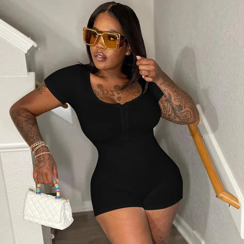 L / Black P3914030w 2024 Autumn Winter New Women's Jumpsuit Zipper Short Sleeve Solid Color Sporty Casual One Piece Romper For Women