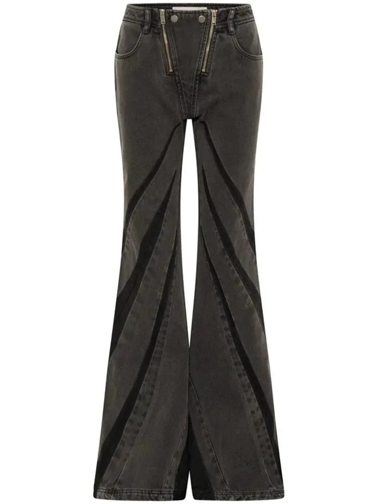 L / Black pants Hit Color Denim Women Set Zipper Tube Tops and Flare Pants 2024 Spring Fashion Matched Two Piece Sets