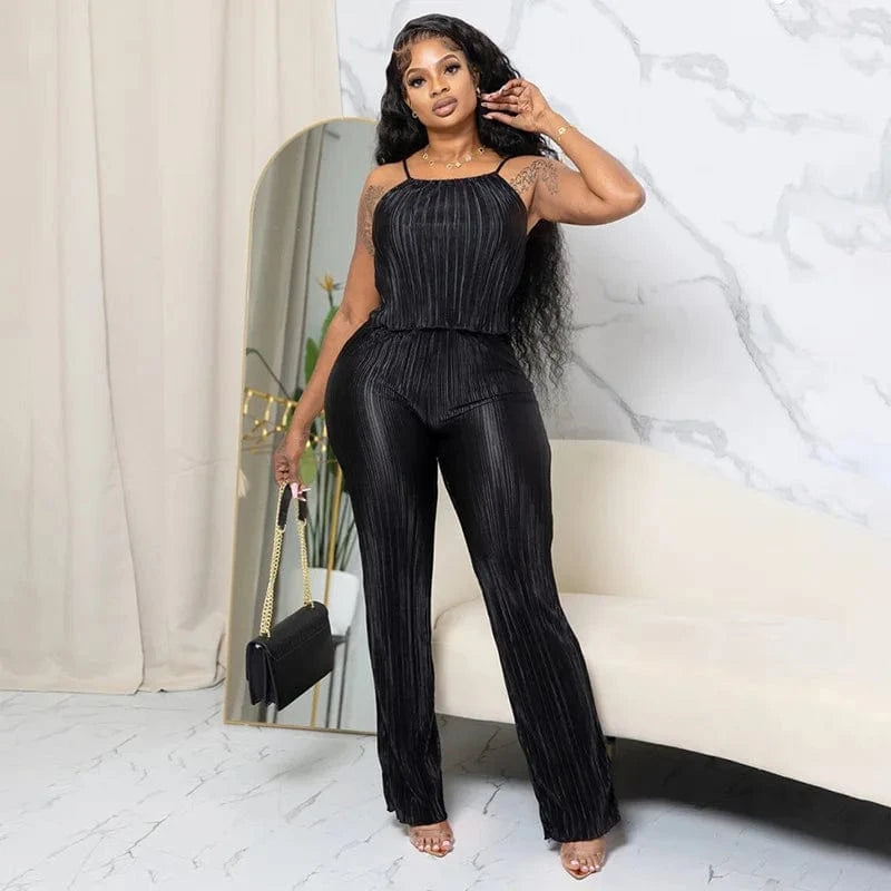 L / Black Pleated Set 2 Piece Woman Outfits Summer Solid Color Boho Flared Pants Set Women Two Piece Set Crop Top and Pants Pleated