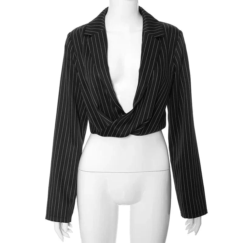 L / Black / Polyester / Cotton D23tp345 Autumn 2024 New Striped Long Sleeve Turn-down Collar Low Cut Crop Suit Top Loose Casual Outfit Top For Women Lady