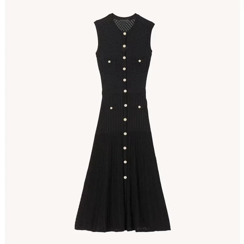 L / Black Sexy Sleeveless 2024 Summer O-neckline Single-breasted Women Knitted Elegant Slim Fitted Ladies Fashion Long Dresses