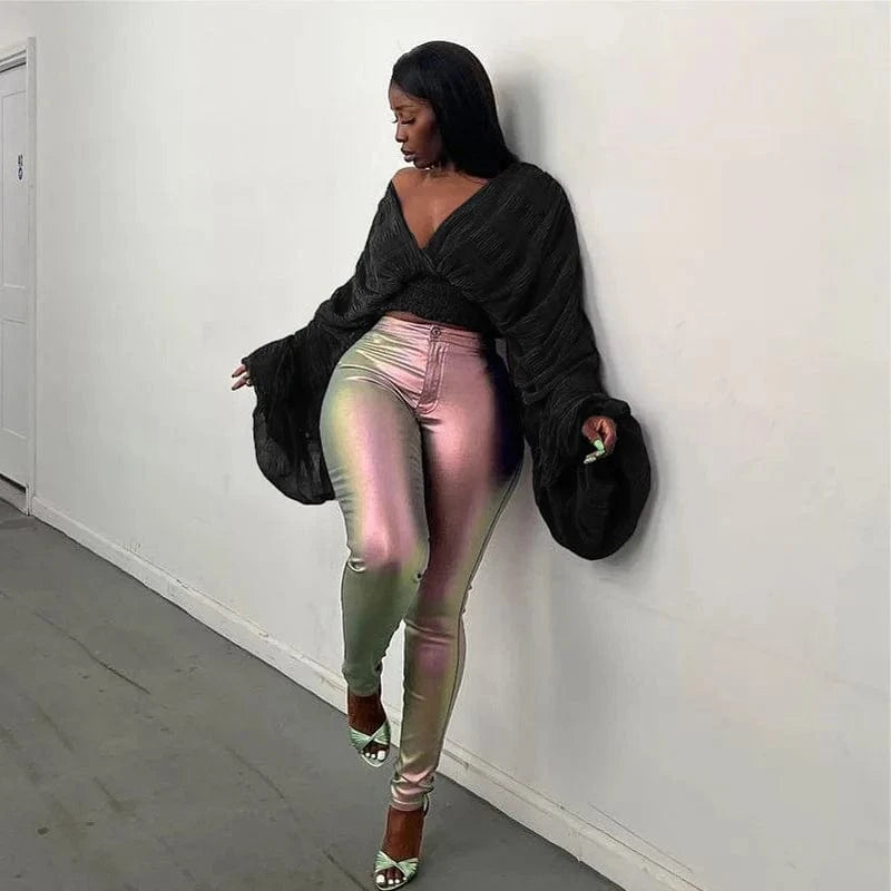 L / Black / Silk / Cotton ZHEZHE 2024 Spring New Arrivals Fashionable Bubble Sleeve Pleated Top Versatile Deep V Sexy Chiffon Shirt Tops