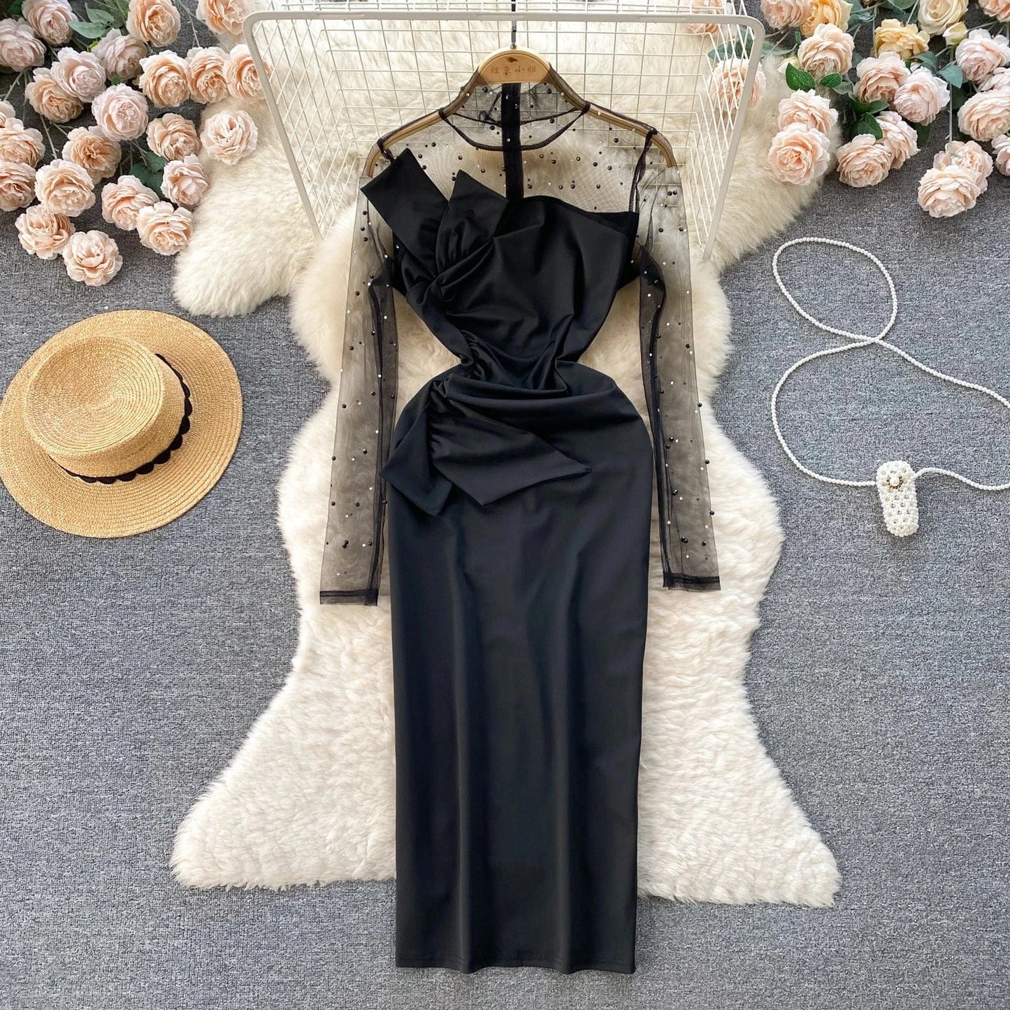 L / Black Sping New High Quality Elegant Midi Dress For Women Puff Sleeve Empire Beaded Mesh Vestidos Ladies Elegant Dresses