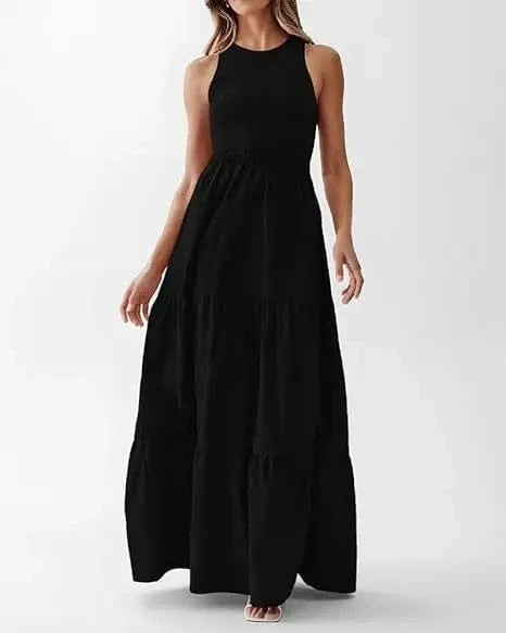 L / Black Women Sleeveless Dress with Round Neck Swing Maxi Dress Polyester Long Skirt Crew neck patchwork pit strip sleeveless vest dress