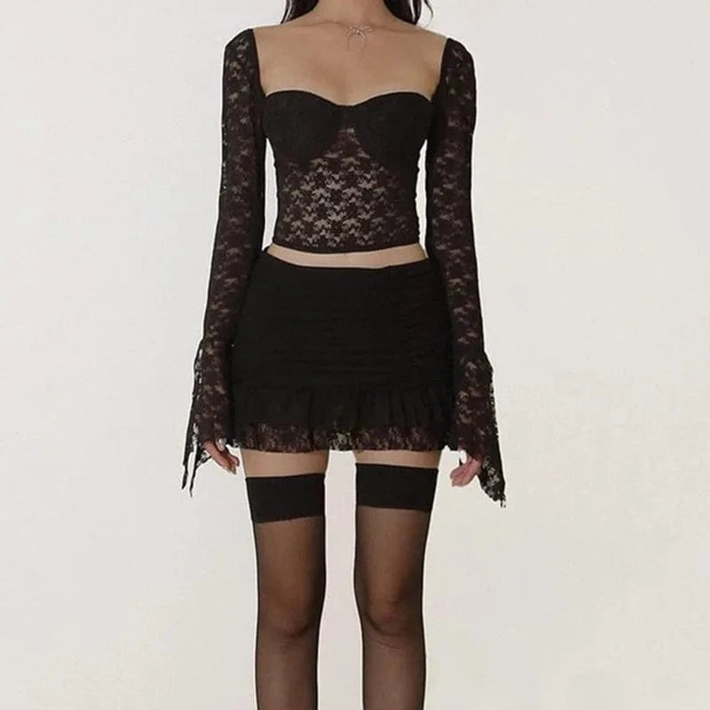 L / Black ZHEZHE 2024 New Clothes Women Sexy White Lace Outfits Two Pieces Skirts Sets