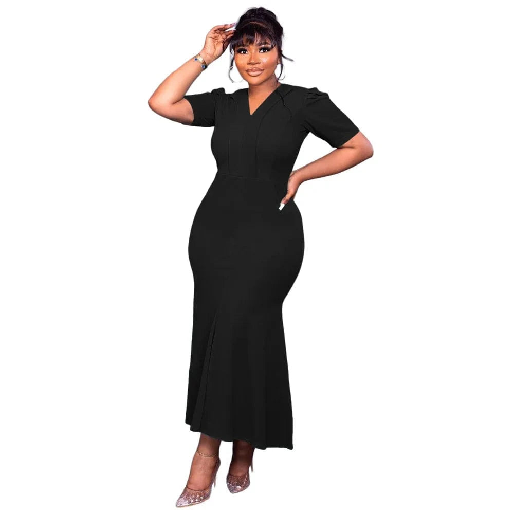 L / Black ZHEZHE Latest New Chic 2024 Solid Color Slim Fit Wrap Buttocks Fishtail Skirt Summer Casual Ladies Kaftan Dresses