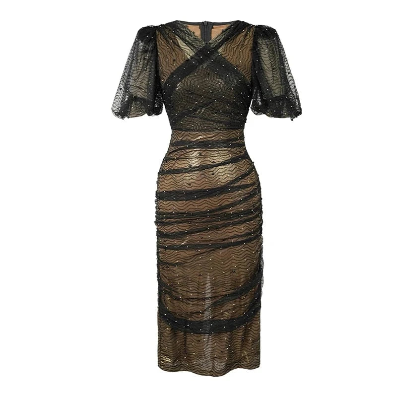 L / Black ZYHT 10552 Black Gold Temperament Mesh Yarn Perspective Lady Dress Bead Decor Back Split Double Layer Ruffle Wrap Hip Dress