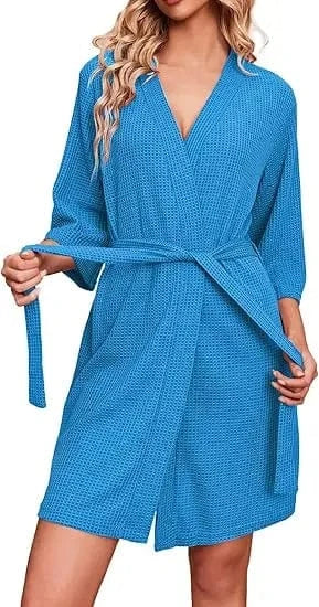 L / Blue 100% Cotton Wholesale Waffle Bathrobe Highly Breathable Waffle Robe in Bags and Rolls for Men Women