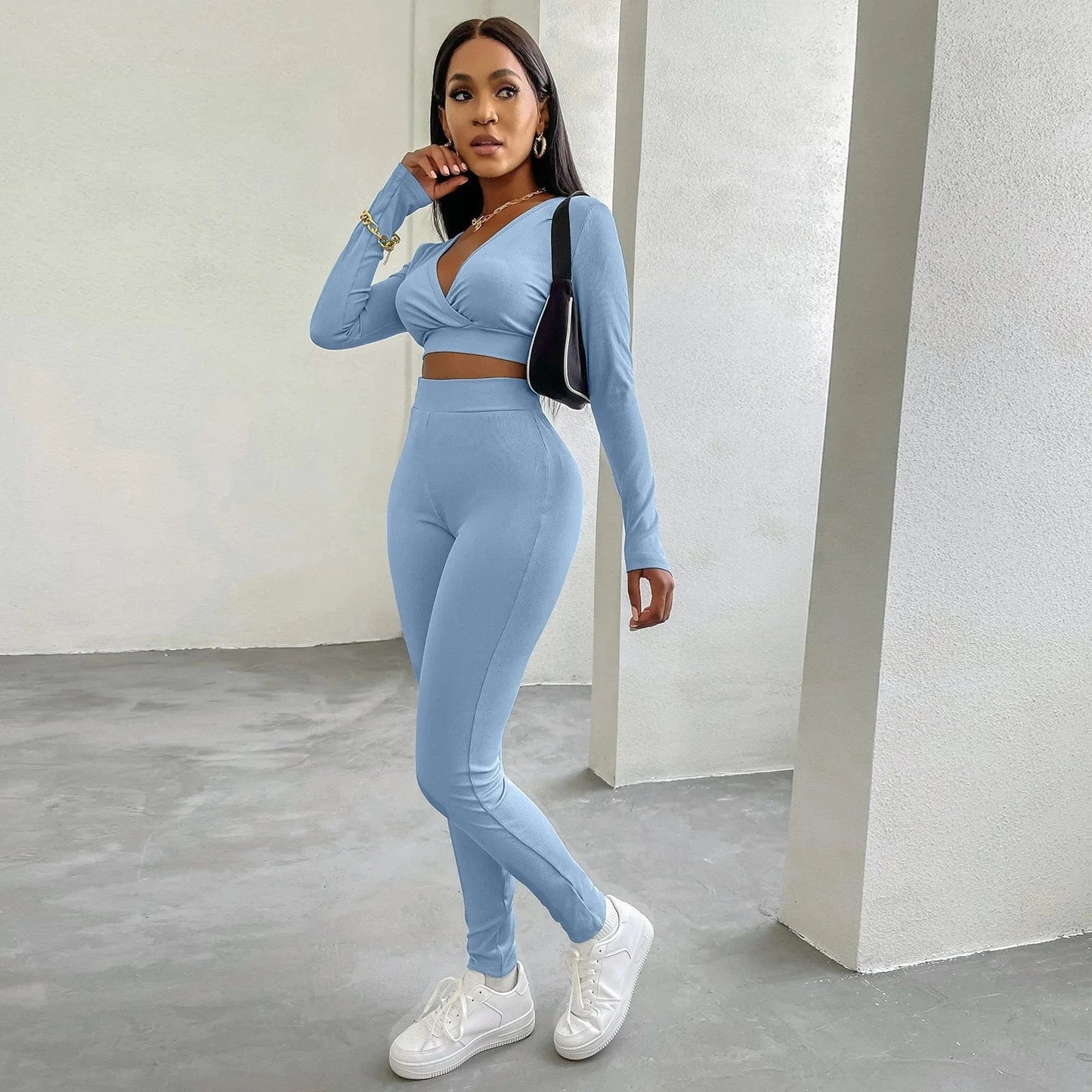 L / Blue 2024 autumn winter New casual tight sports suit for women two pcs gym running outside wear suits