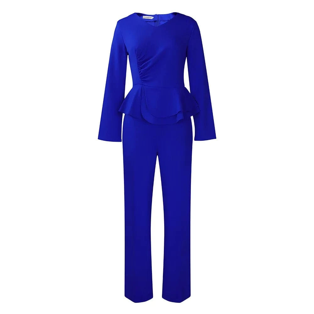 L / Blue 2024 Fashion Autumn Winter Outfits Ruffled V Neck Ladies Office Top And Pants Set For Women Two Pieces
