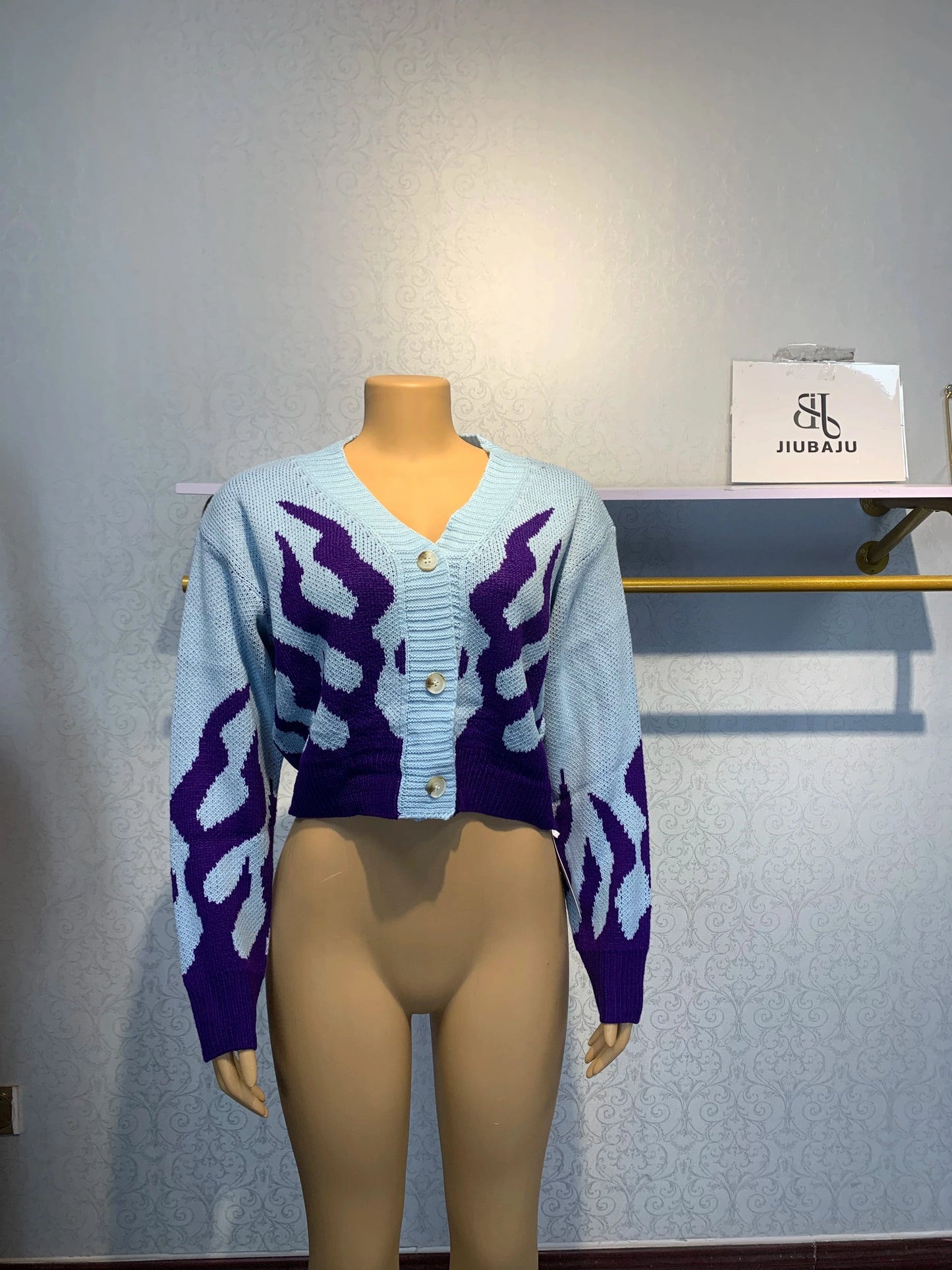 L / Blue 2024 New Design Crop Sweater Jacket Sexy V Neck Knitted Blue Long Sleeve Women Streetwear Sweater Top