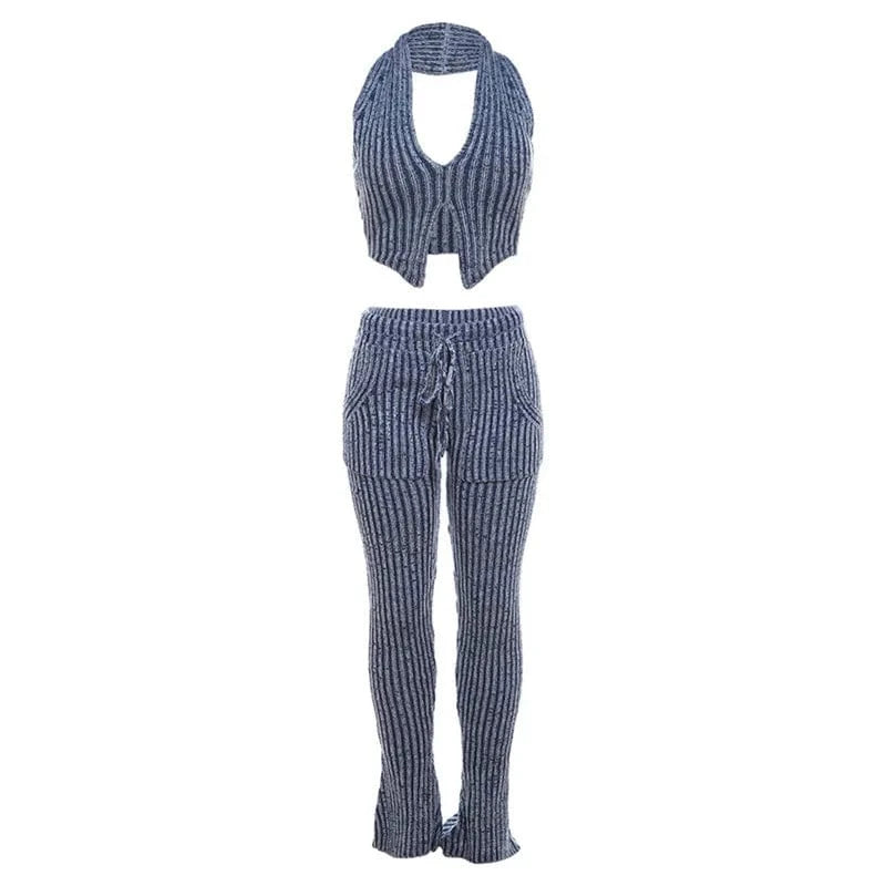 L / Blue Autumn 2023 Deep V Neck Tank Top+Flare Pants Set Womens Casual Set Fashion Striped Knitted Two Piece Set