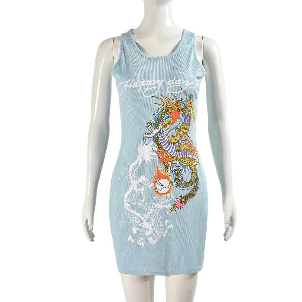 L / Blue C2425 Instagram's new Y2K printed U-neck sleeveless  Bodycon sexy dress for women