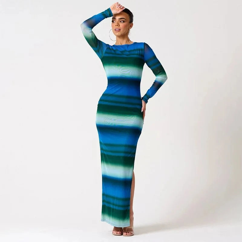 L / Blue D23ds141 2024 New Fall Fashion Women's Maxi Dress Long Sleeve Striped Print Bodycon Sexy Elegant Dress Woman's Dress