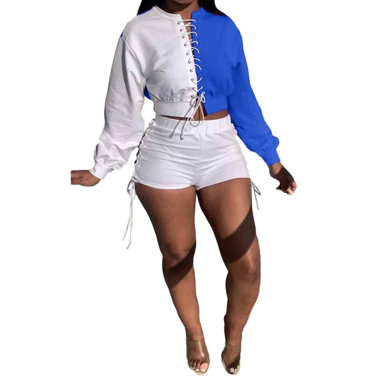 L / Blue Fall Clothes for Women Short Pants Two Piece Set Women Shorts Set Loose Colorblock Tracksuit Lace Up Sweat Suit Set