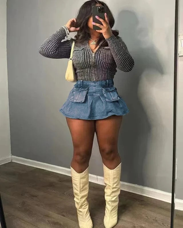 L / Blue Fashion new trendy 2024 ruffle style slim little girls sexy sissy ultra short mini skirts