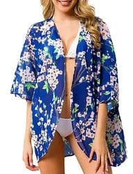 L / Blue Floral Kimono beach cover up Kimono Beach Custom Blue Casual Floral Bohemian Women Short Kimono Beach Cover Up Dress For Bikini Wrap