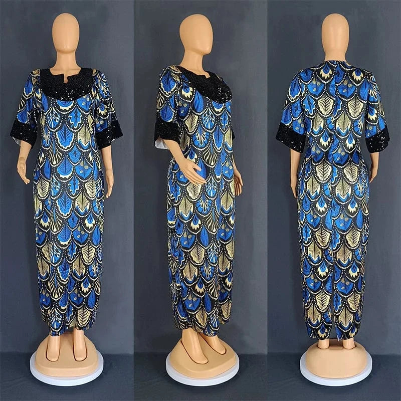 L / Blue Liu Ming Wholesale African Fashion 2024 Women Clothes Traditional Flower Print Slit Caftan Abaya Robe Long Dress