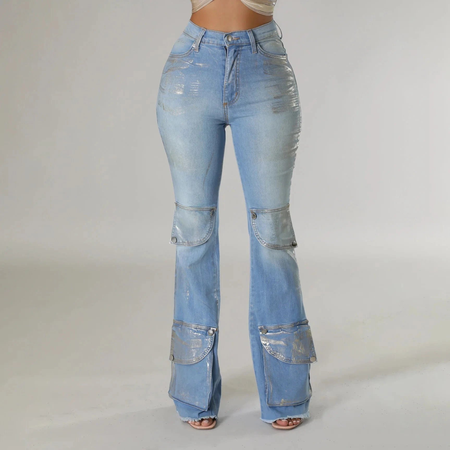 L / Blue Metallic Pocket Flare Denim Jeans