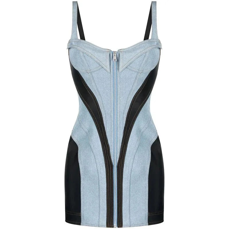 L / Blue New Arrivals Multi Color Sling Sleeveless Dress Sexy Strapless Mini Dress Patchwork Denim Bodycon Dresses