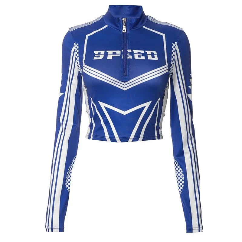 L / Blue / Spandex / Polyester Bomblook Q23TP624 2024 Spring Motor Print Sexy Zipper Crop Top Women Streetwear Ladies Casual Y2K Patchwork Top