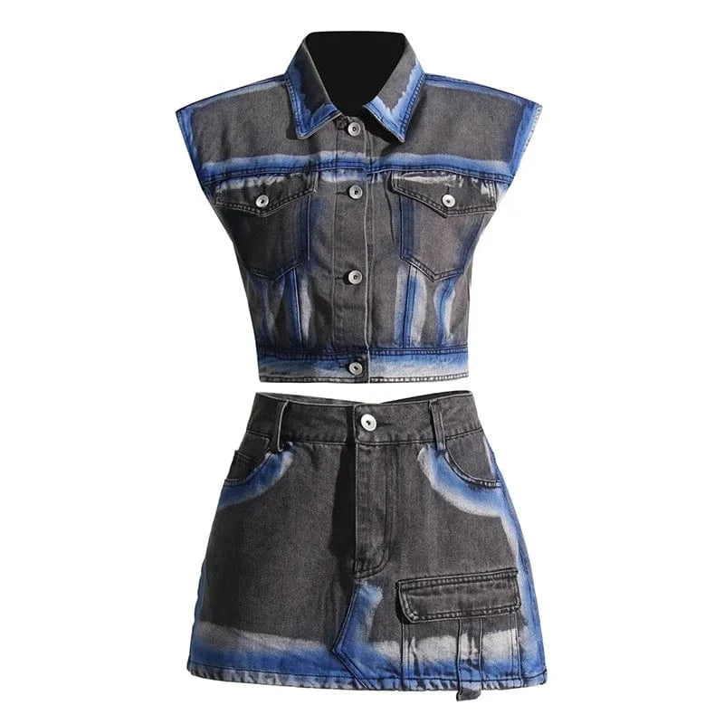 L / Blue Spring 2024 Women Clothes Fashion Denim Two Piece Set Women's Denim Skirt Set Cropped Vest And Cargo Skirt Set
