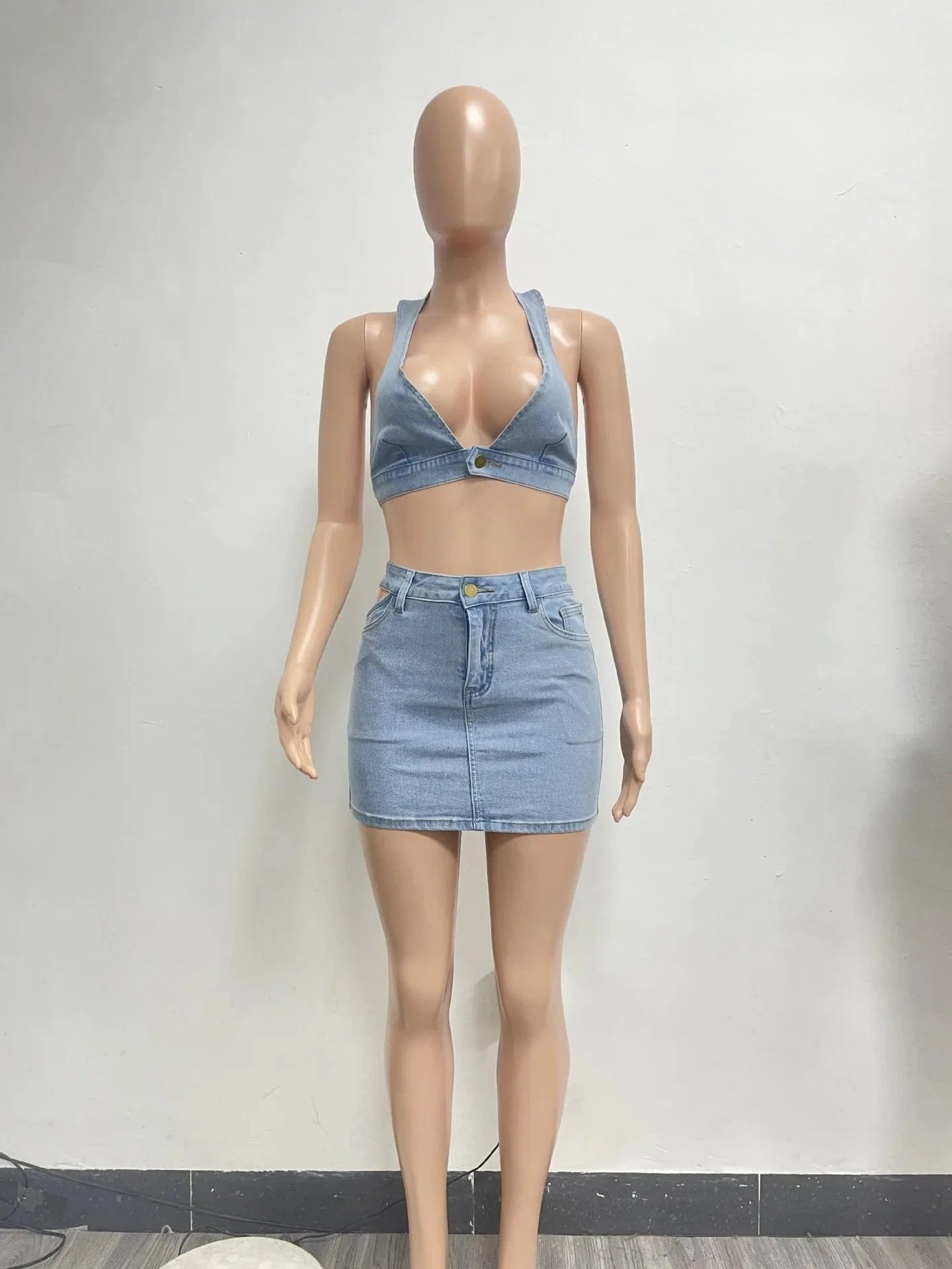 L / Blue Summer 2024 Y2k Women Clothes Set Halter Crop Top And Split skirt Set Solid Color Casual Sexy Hollow Out Women DenimSet