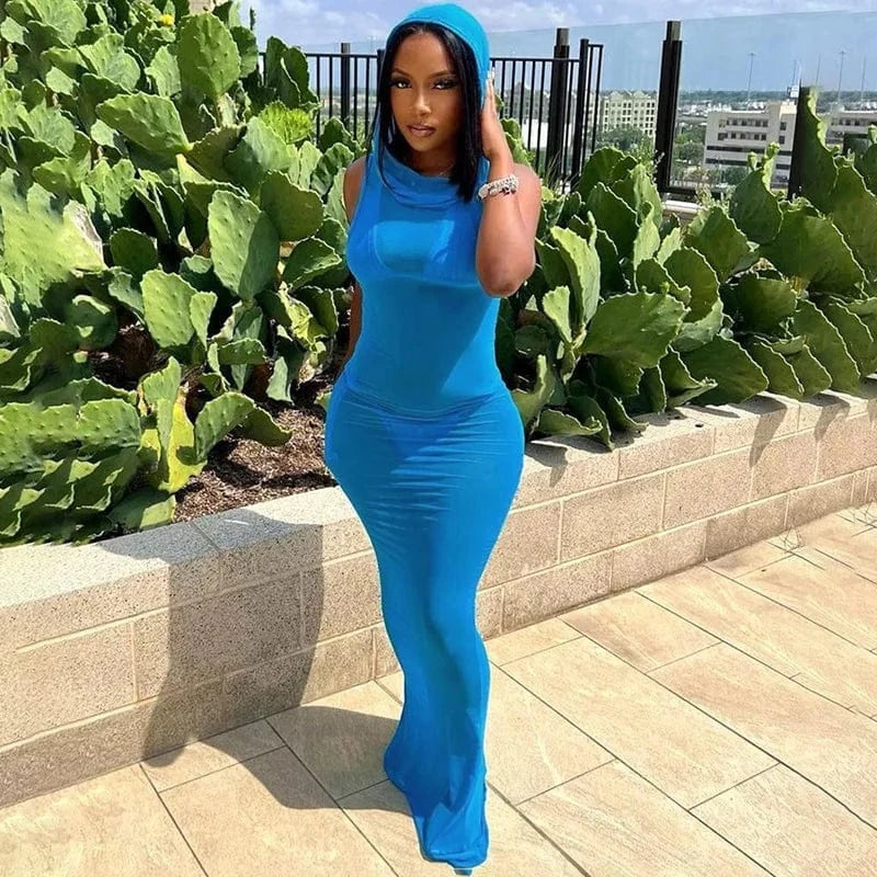 L / Blue Summer Maxi See Through Woman Hoodie Dress Mesh club Sexy Dresses Women Night Bodycon Sleeveless Long Dress