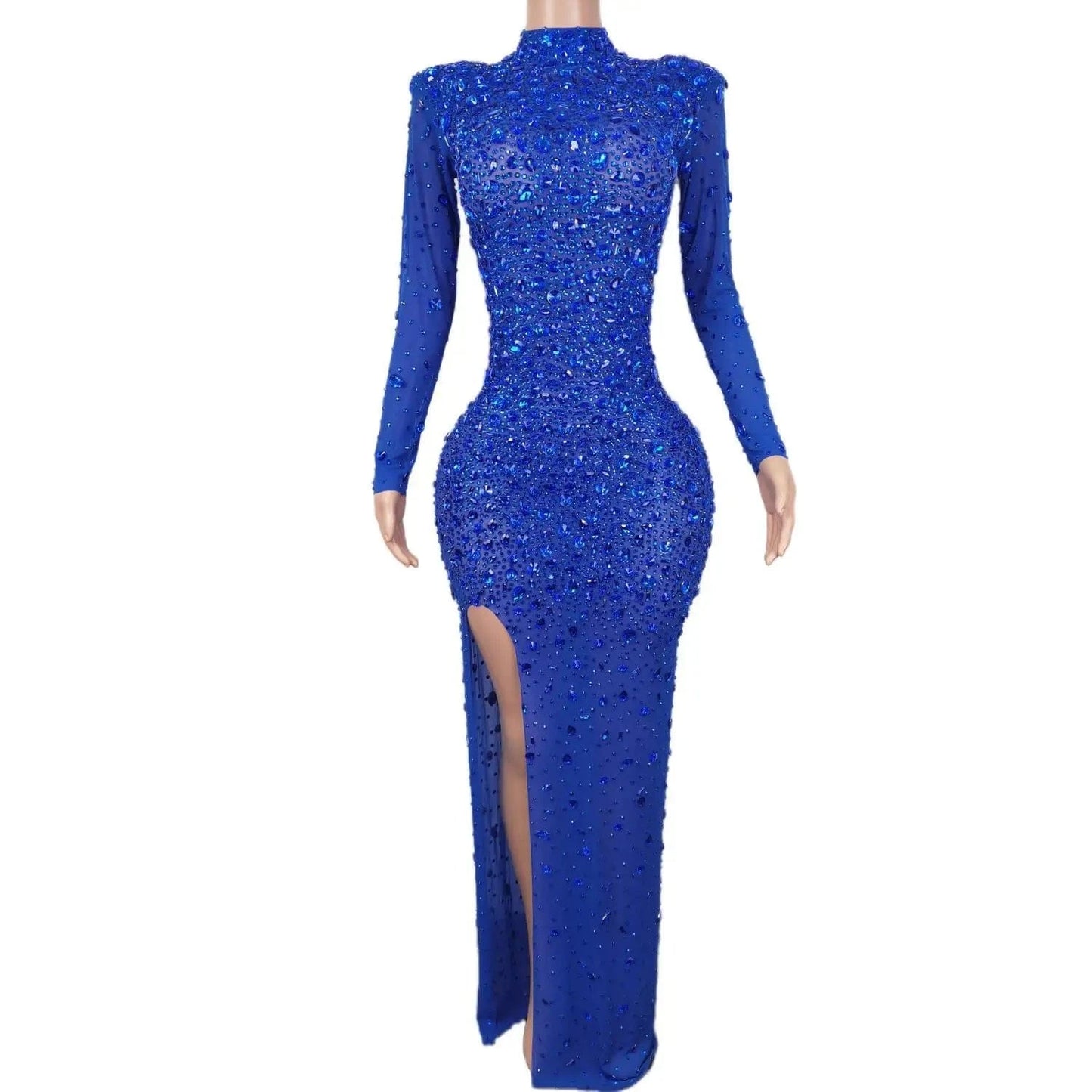 L / Blue Vestido Sexy See Through High Slit Crystal Birthday Wedding Formal Dresses Women Lady Elegant Maxi Dinner Night Evening Dress