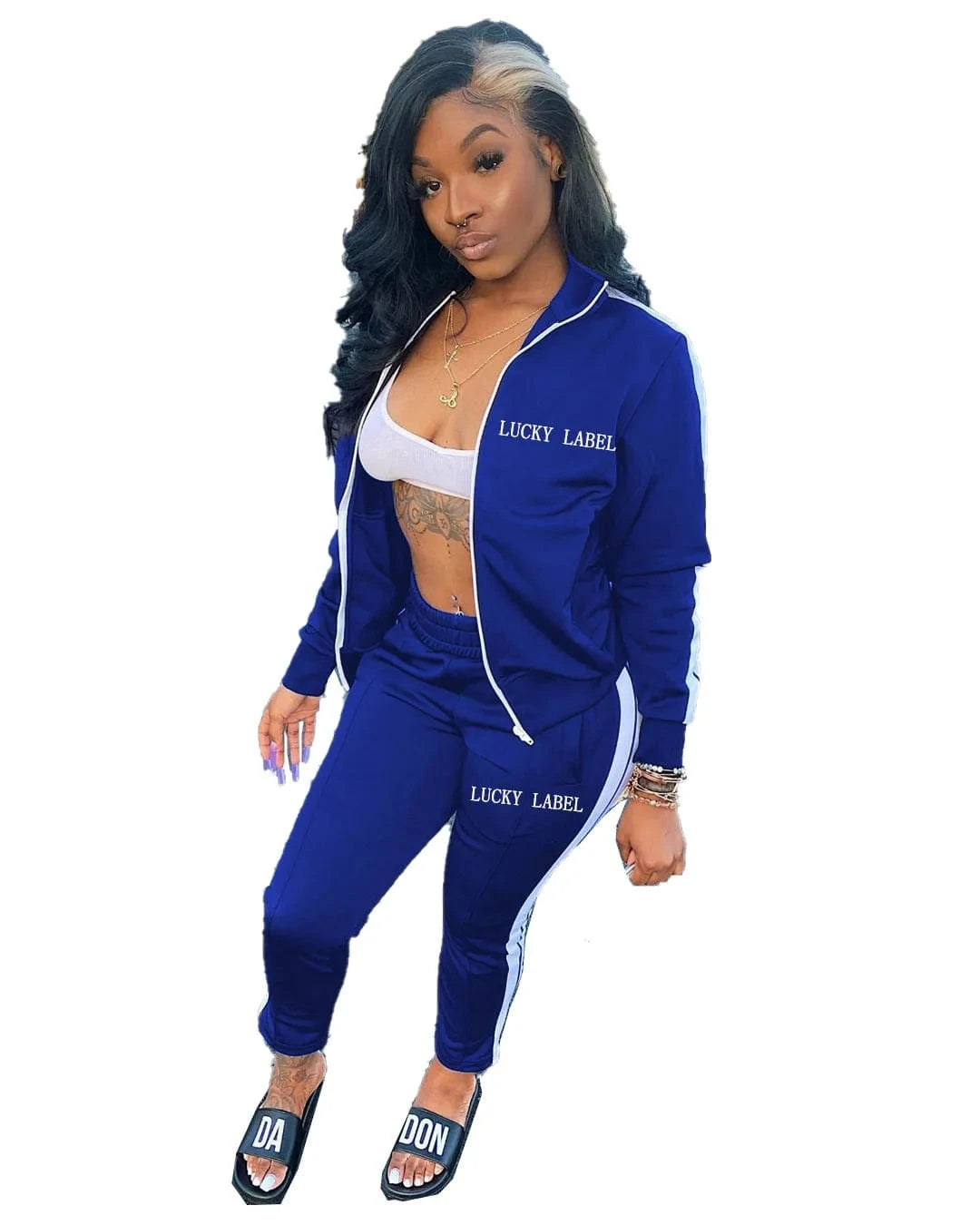 L / Blue Wholesale womens tracksuit 2 piece pants set long sleeve lucky label two piece set women clothing 2024