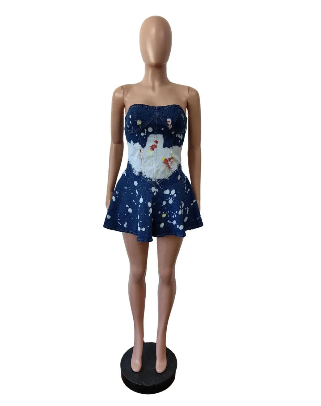 L / Blue Women Denim Printed Strapless Stretch Ruffle Dress