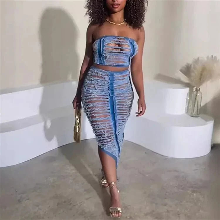 L / Blue Women Denim Sets Ripped Hollow Out Strapless Crop Top and Long Skirts Suits Summer Two 2 Piece Sets Outfits