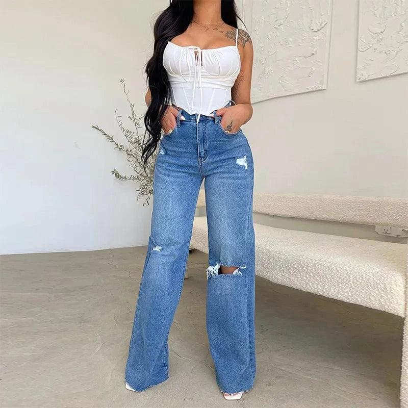 L / Blue Women Independent Station Autumn And Winter Water Wash High Waist Broken Pants Wide Leg Pants Jeans