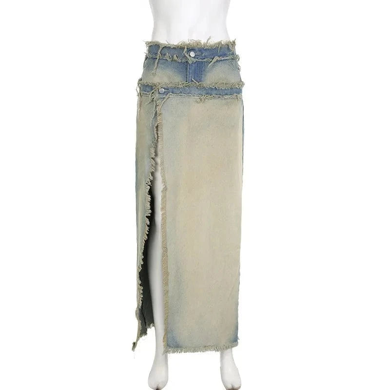 L / Blue Women's Clothing 2024 New Trend Streetwear Women Denim High Waist Zipper  Washed Vintage a Line Skirt Womens Maxi Denim Skirt