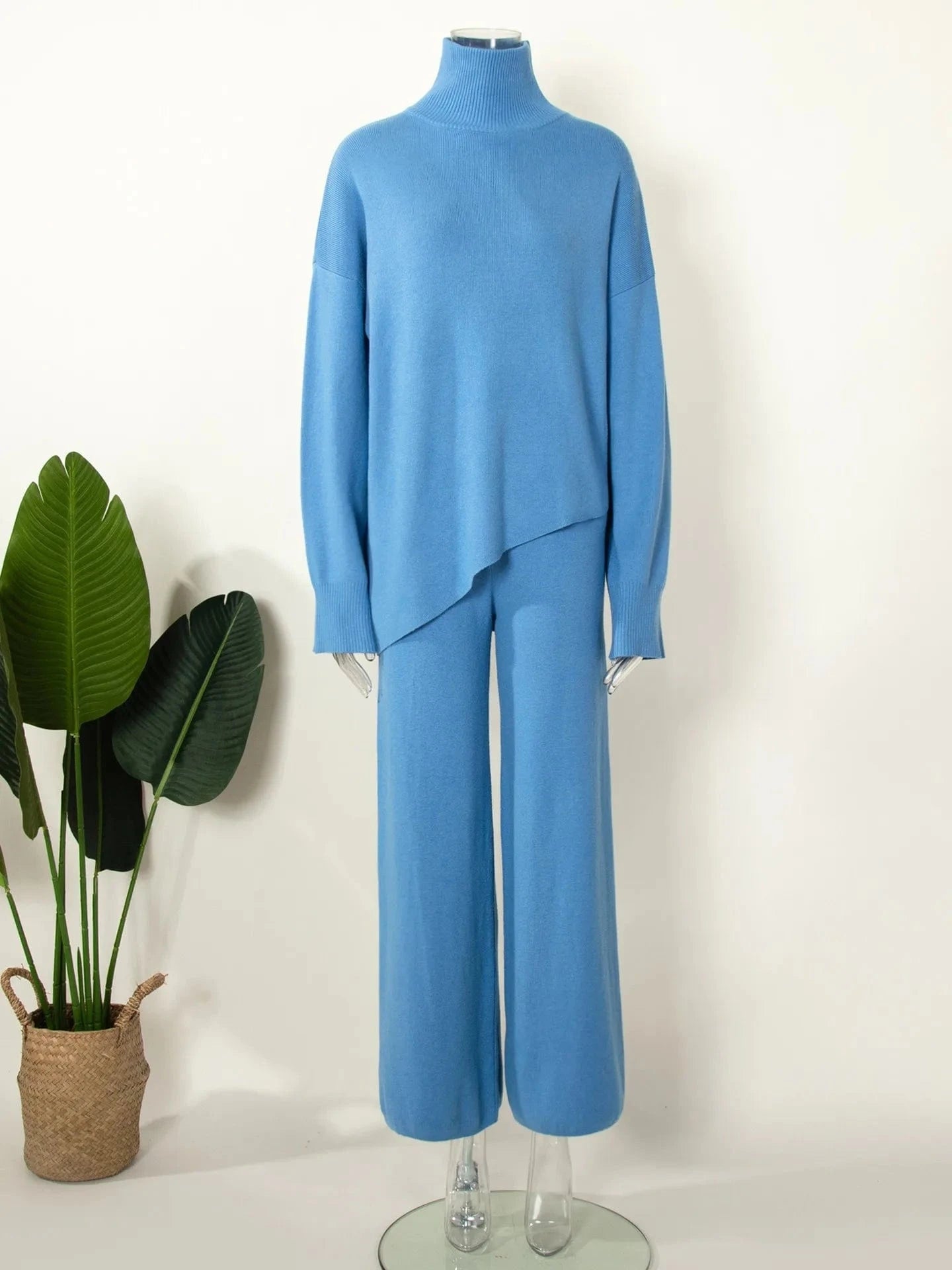 L / Blue Women's Clothing New Women Half Turtleneck Sweater Set Womens Irregular Hypotenuse Sweater And Knit Wide Leg Pants Two Piece Set