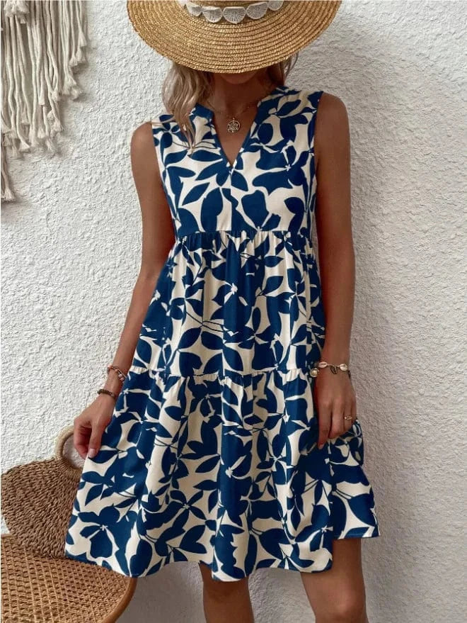 L / Blue Women Summer 2023 New Arrivals Wholesale Vintage Floral Printed V Neck Lady Mini Bohemian Boho Dress