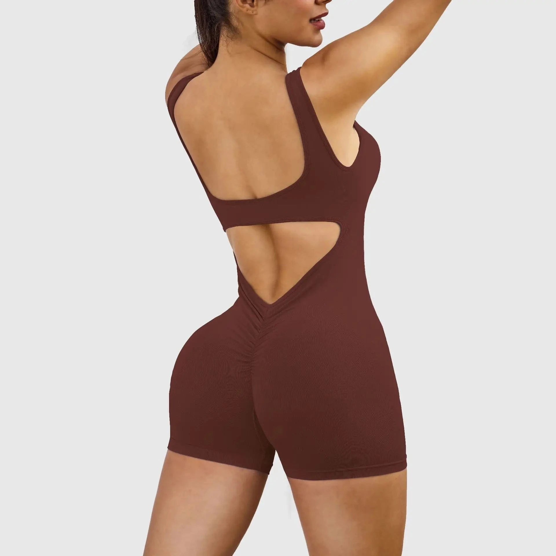 L / Brown 2024 Athletic Scrunch Butt Sport Outfit Woman Fitness Wear Yoga Women Sportswear Seamless One Piece Workout Jumpsuit