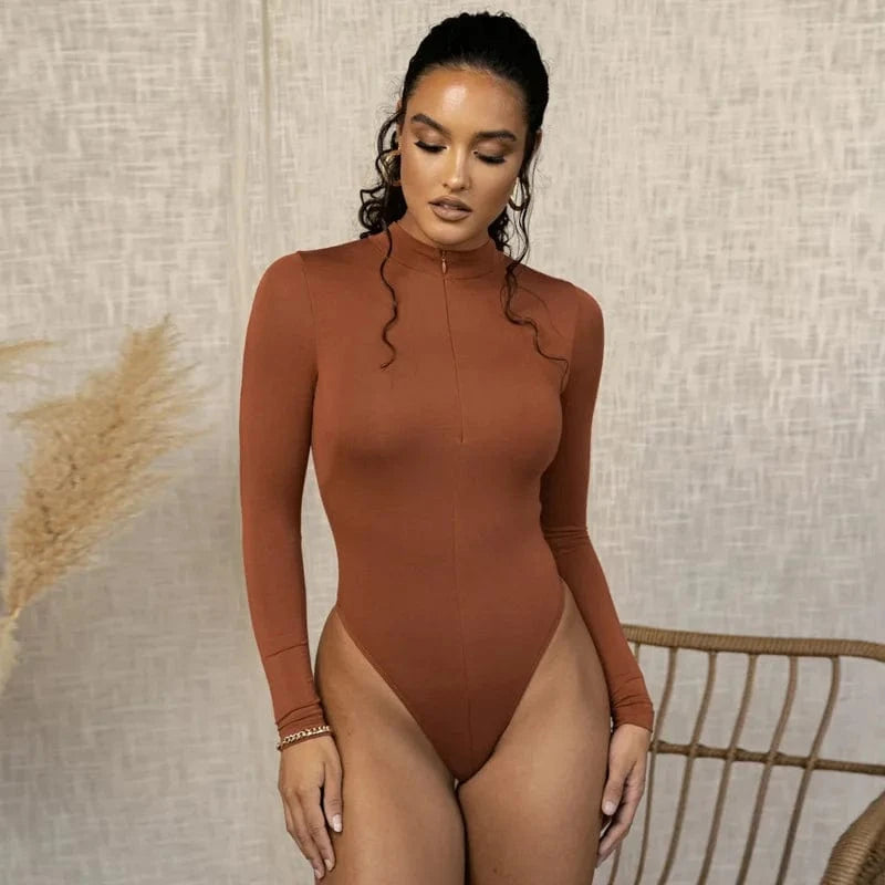 L / Brown 2024 Autumn winter Woman Zipper Up Solid Sexy  Long Sleeve Bodysuits