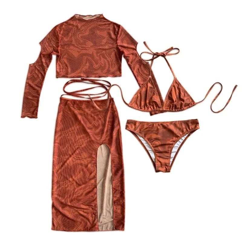 L / Brown 2024 New Arrival Hot selling Stock Woman's 4 Pieces Bikini with Cover up Dress Swimwear Woman Trend Separate swim dress