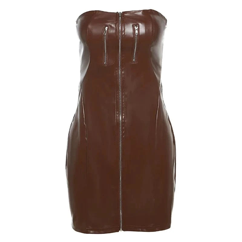 L / Brown 2024 New Arrivals Womens Pu Leather Tight Dress Sexy Strapless Mini Dress Nightclub Sleeveless Bodycon Dress