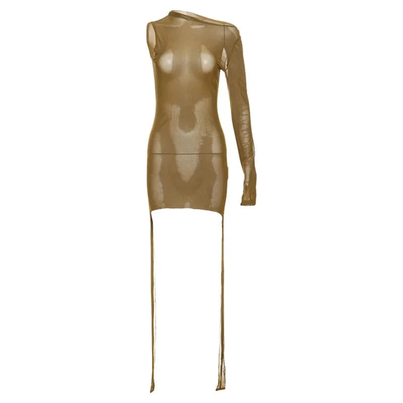 L / Brown Bomblook C110DS01 2024 Spring Sexy Outfits Dress For Women Sheer Mini Bodycon Dress Solid One Shoulder Dresses With Long String