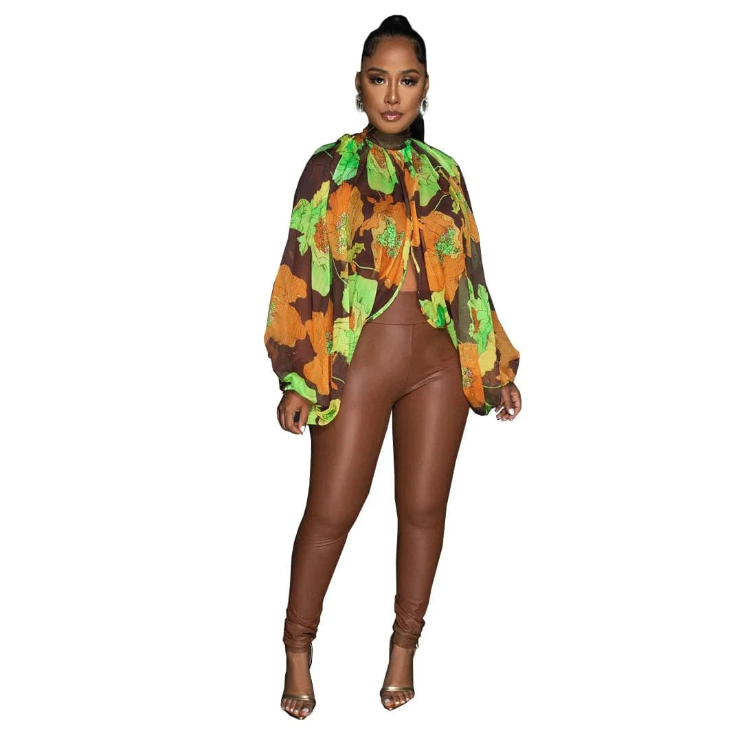 L / brown-bottomed orange flower DAMOCHIC Elegant Print Blouse Shirt Ladies Batwing Sleeve Fall High Neck Lace Up Open Back Tops Female Chiffon Blouse Women 2023