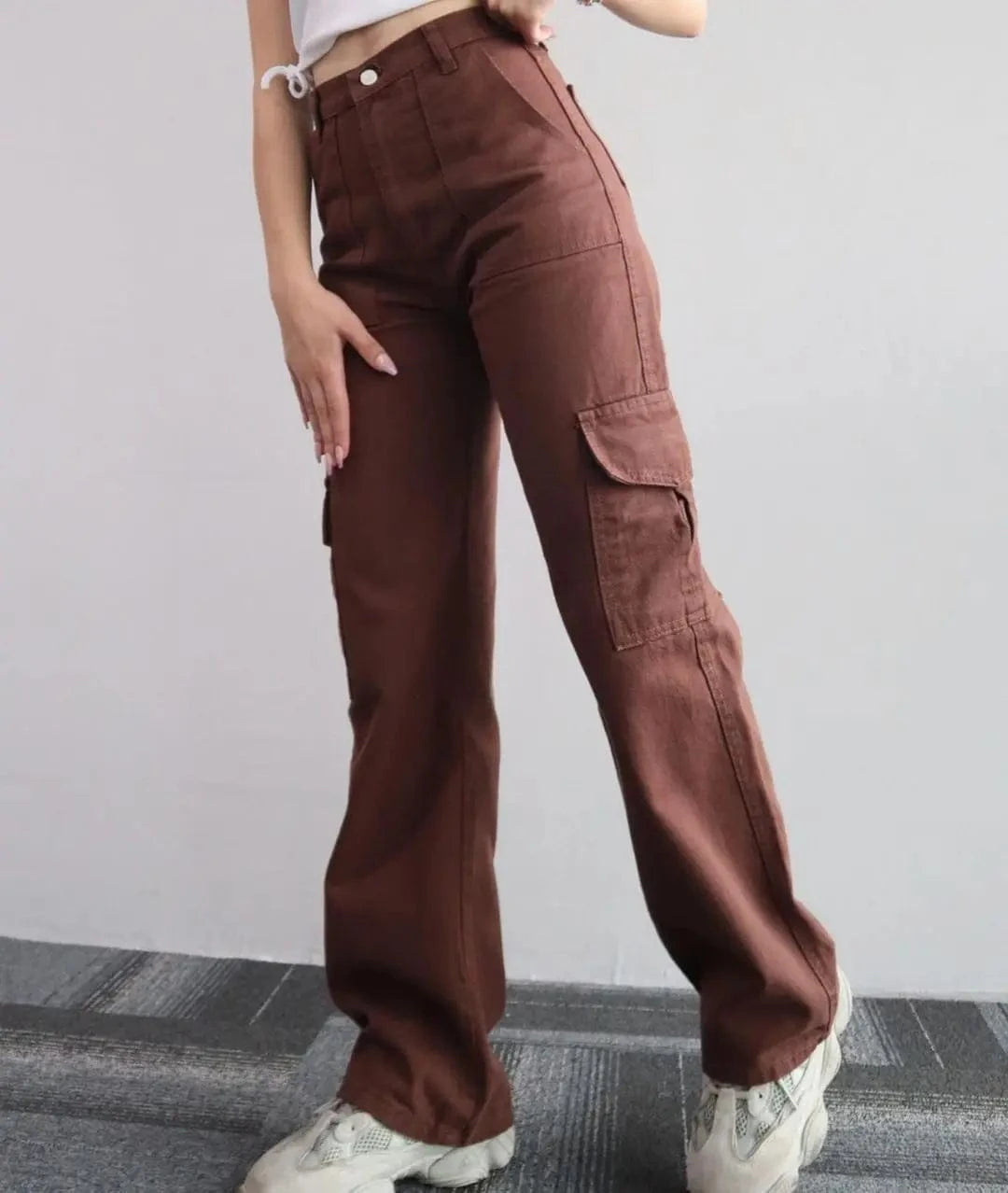 L / Brown European American New Versatile Casual Pants Middle waist Three dimensional Pocket Pants Waist Cargo Women's Pants