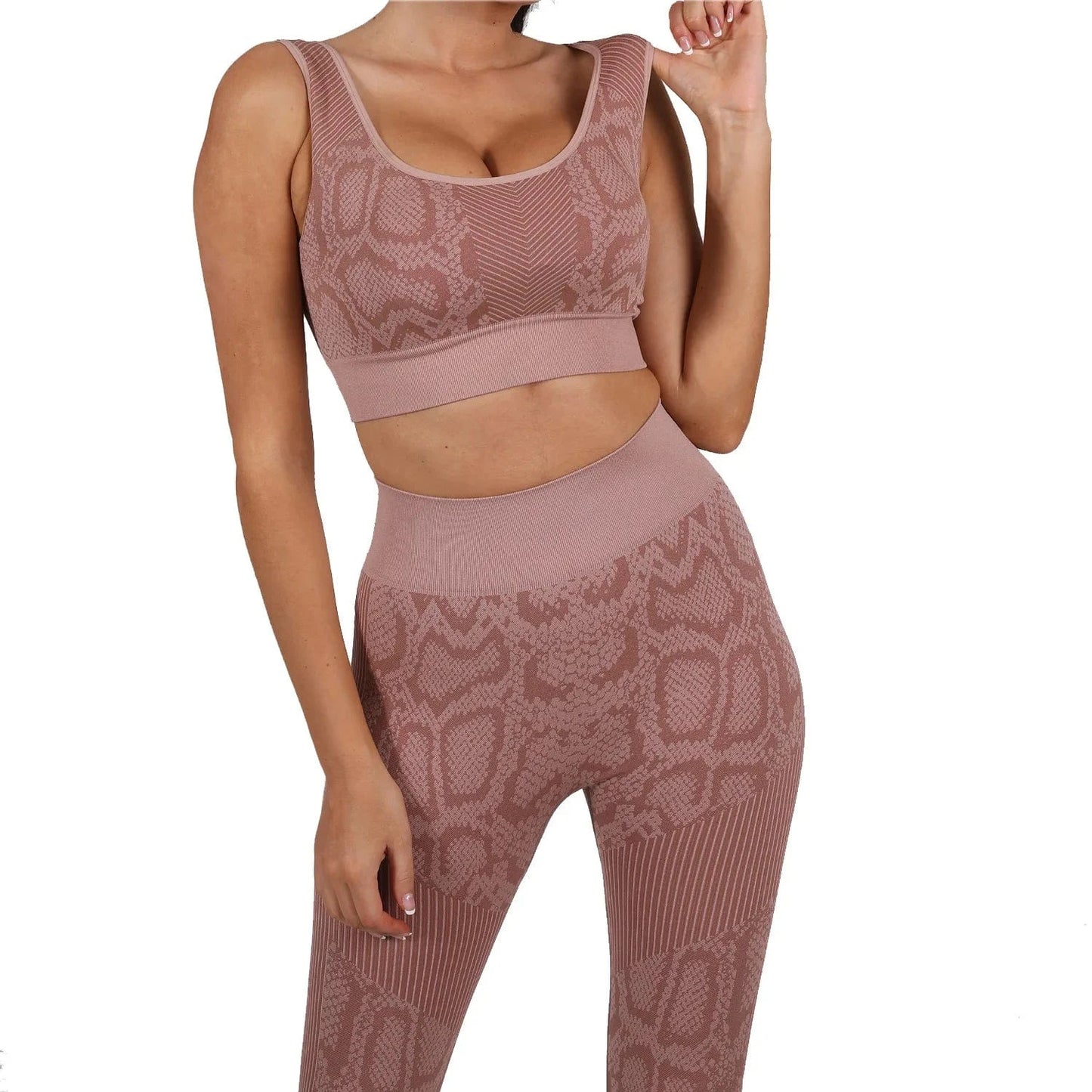 L / Brown European and American snake print yoga suit sports vest high waist trousers seamless yoga suit track and field jogging suit
