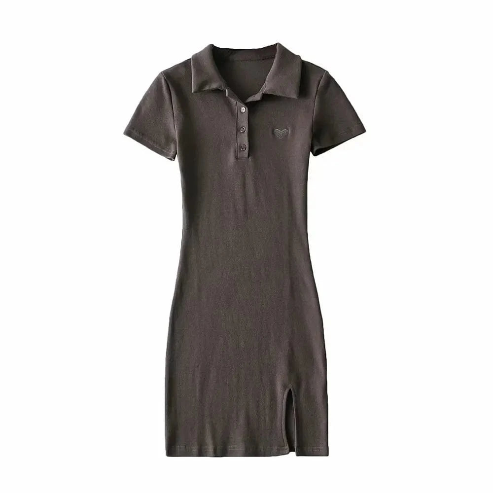 L / Brown Latest Designs Summer Solid  Print Stand Collar Button Bodycon High Slit  Casual Dresses Women