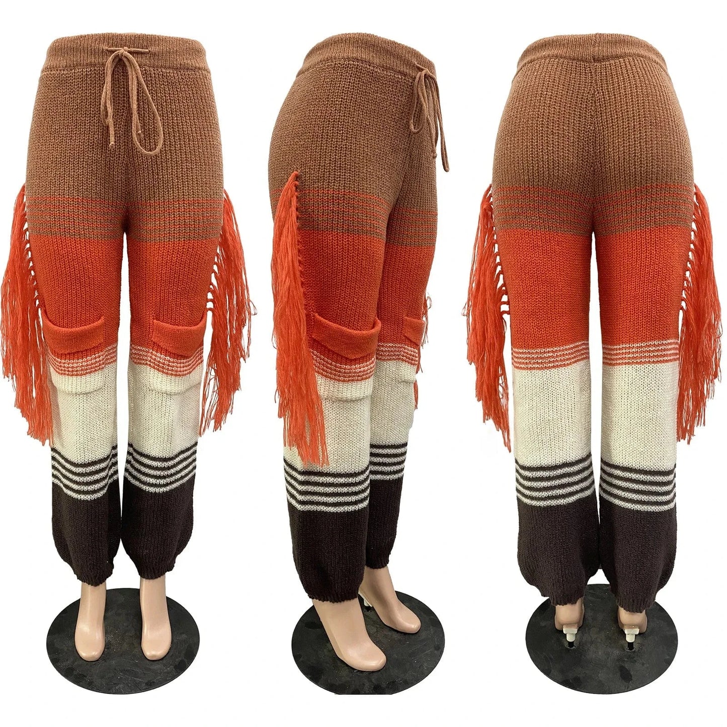 L / Brown pants 2024 Patchwork Knitted Tassel Sets Hand Crochet Women High Waist Pockets Fringed Casual Loose Sweater 2 Piece Set