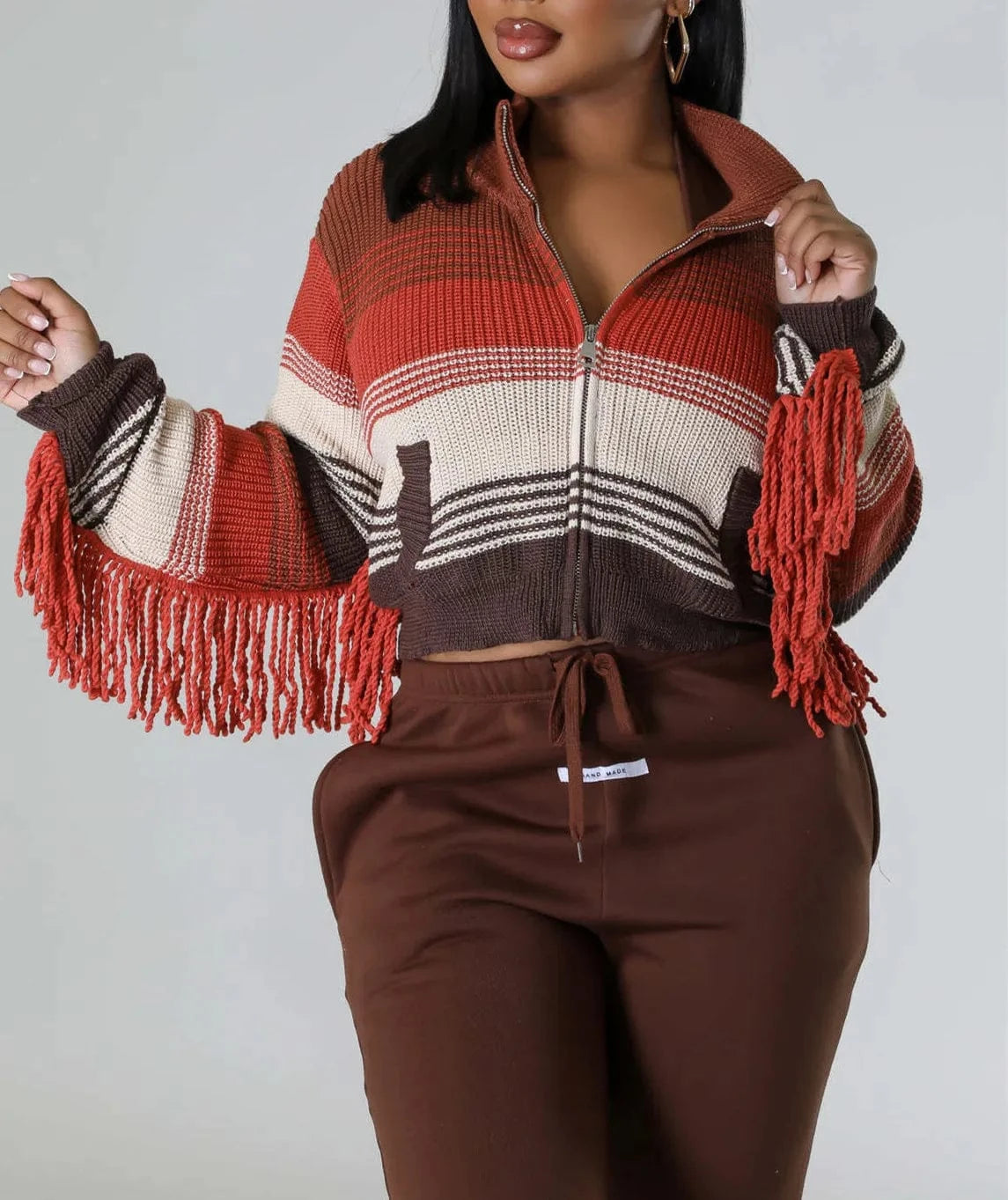 L / Brown top 2024 Patchwork Knitted Tassel Sets Hand Crochet Women High Waist Pockets Fringed Casual Loose Sweater 2 Piece Set